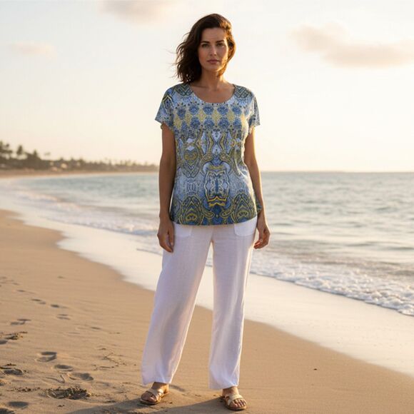 One World Live and Let Live Blue Paisley Short Sleeve Top Size L - Picture 1 of 11